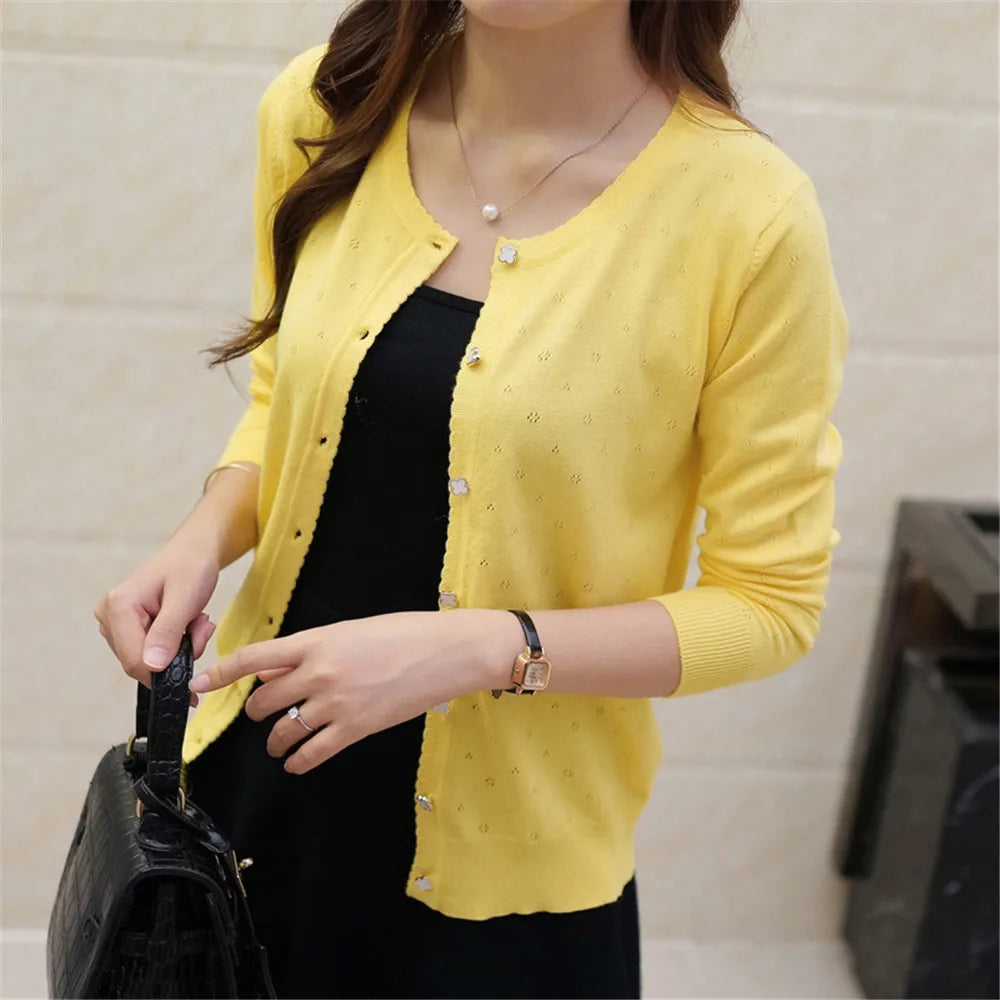 Fashion Korean Sweater Women Short Cardigan Coat Ladies Female Knit Sweater Long Sleeve Crochet Casual Cardigans Woman BasicTops
