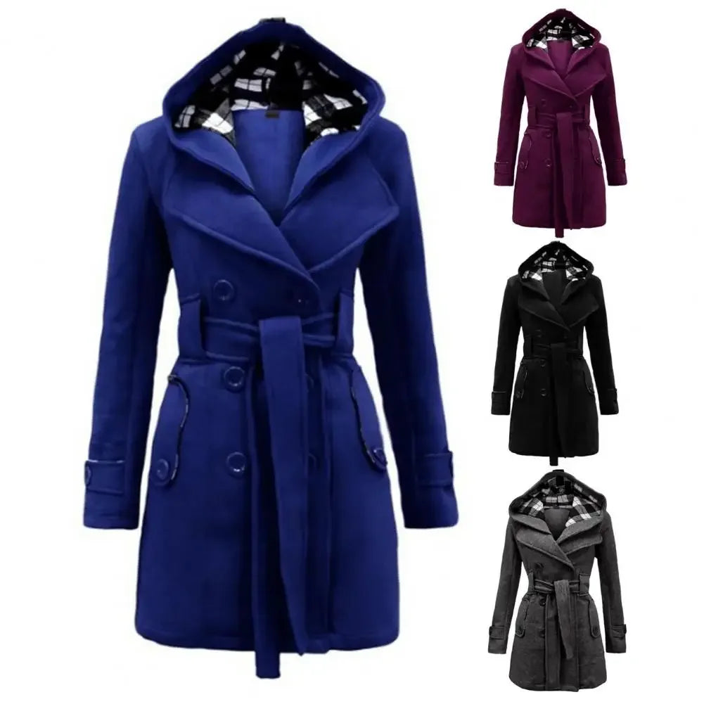 British Style Women Woolen Coat with Belt 2025 Double-Breasted Winter Coat Women's Jacket Double Neckline Plaid Hooded Overcoat