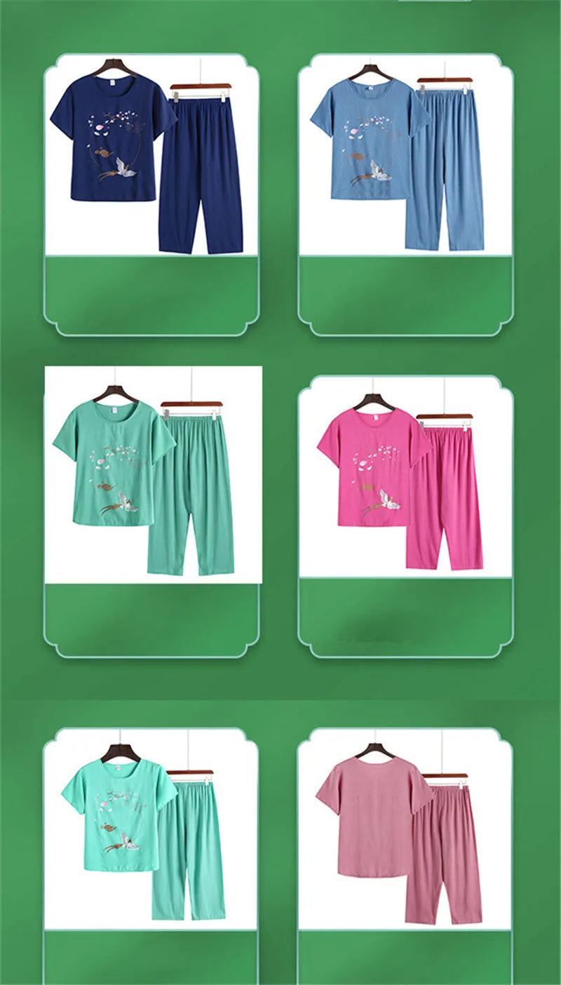Pyjama Pour Femme Casual Cotton Linen Sleepwear Set Vintage Printed Middle Aged Mother Short Sleeve Pajamas Women Home Suit