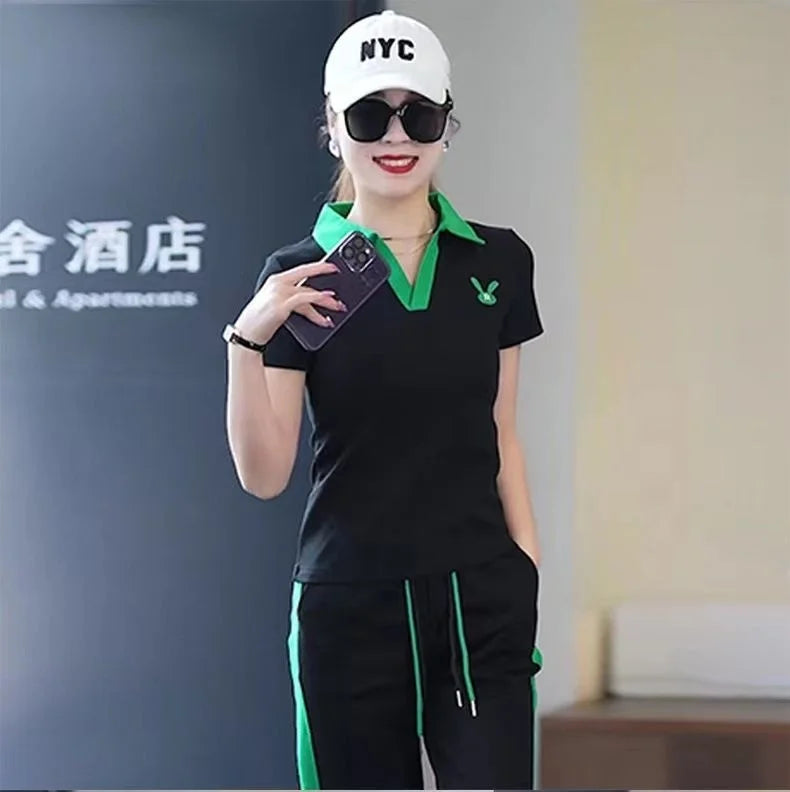 Women's Casual Sports Suit 2025 New Summer Spring Style Clothes Fashion Short Sleeve Lapel T-shirt Wide Leg Pants Two Piece Set