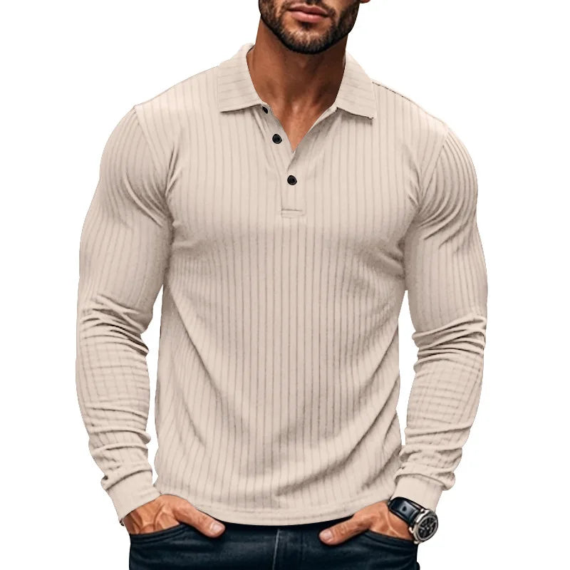 Business Striped Polo Shirt Men 2025 Autumn Men's American Lapel Tops Button-up Long-sleeve T-shirt Elastic Stripe Polo Shirts
