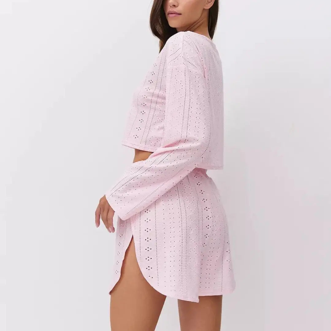 Conjunto de pijamas para mujer de verano: Pijama calado con top de manga larga y pantalones cortos, 2 piezas, ideal para el hoga