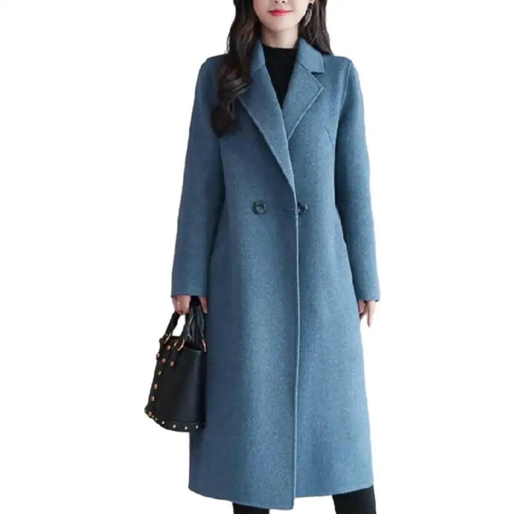 Women Woolen Coat Elegant Lapel Woolen Coat with Two Buttons Pockets for Women Stylish Mid-length Cardigan Outwear for Autumn