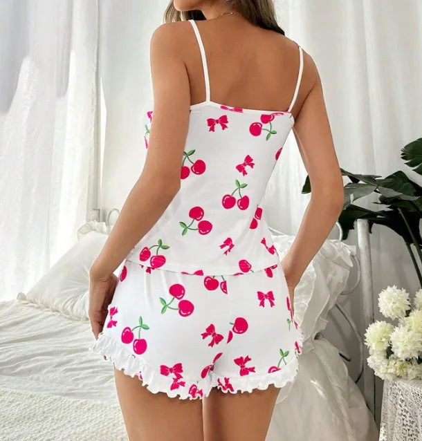 Phantasy Fashion Cherry Print Pajama Set Breathable Soft Casual Style Top Vestido Shorts Pajamas summer Women's Clothing 2025 