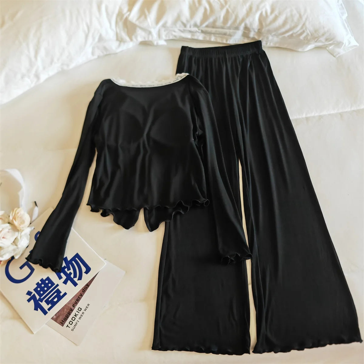 Pijama Feminina New Modal Chest Pad Set 2 Piece Woman Long Sleeve Pajama Sets Casual Korean Sleepwear Pyjamas Femme Home Wear