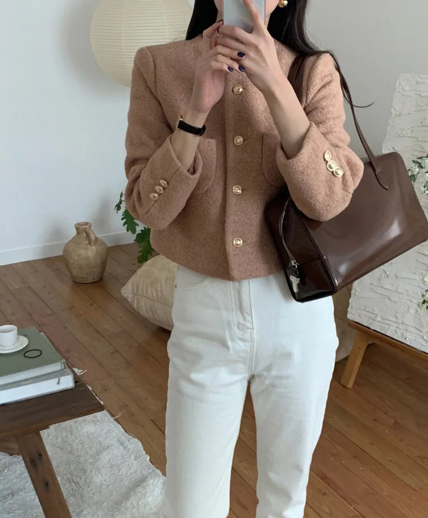 Women Autumn Winter 2025 French Vintage Coat Temperament High Quality Korean Casual Single Breasted Slim Tweed Jackets