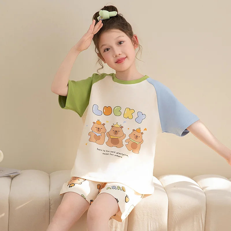 Capybara Pajama Sets 2025 Summer Teen Girls Cartoon Short Sleeved Tops Shorts 2pcs Kids Sleepwear Children Nightgown Loungewear