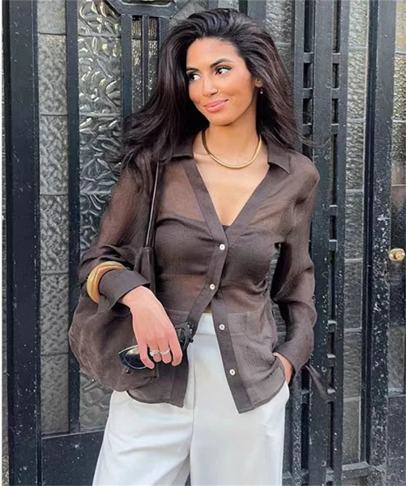 Women's Blouse New Summer 2025 Brown Long Sleeve Translucent Shirt Bow Decoration Sexy and Fashionable Personality and Versatile