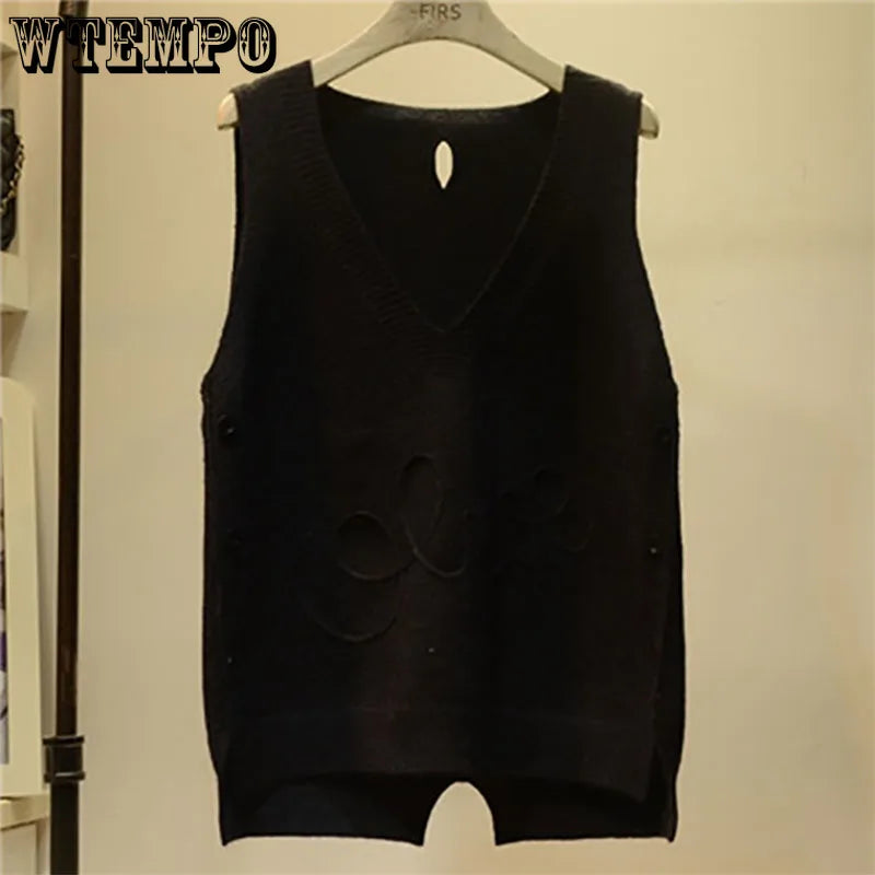 WTEMPO Fashion V-Neck Button High Low Vest Sleeveless Sweater Women's Clothing Autumn All-match Pullovers Loose Korean Tops