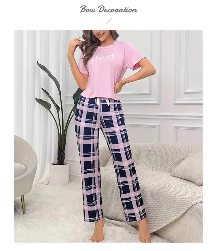 Women's Pajama Pj Set Letter Print Short Sleeve Top & Plaid Print Pants with Bow Details Casual Sleepwear for Adults All Seasons