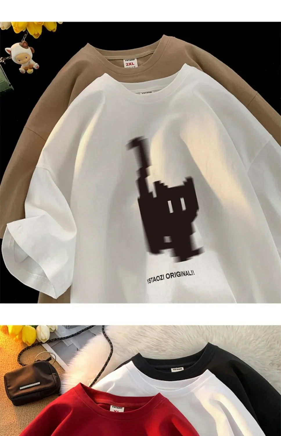 Short Sleeved T-shirt for Men and Women American Retro Pixel Style Pure Cotton Bottomed Shirt Loose Half Sleeves Summe