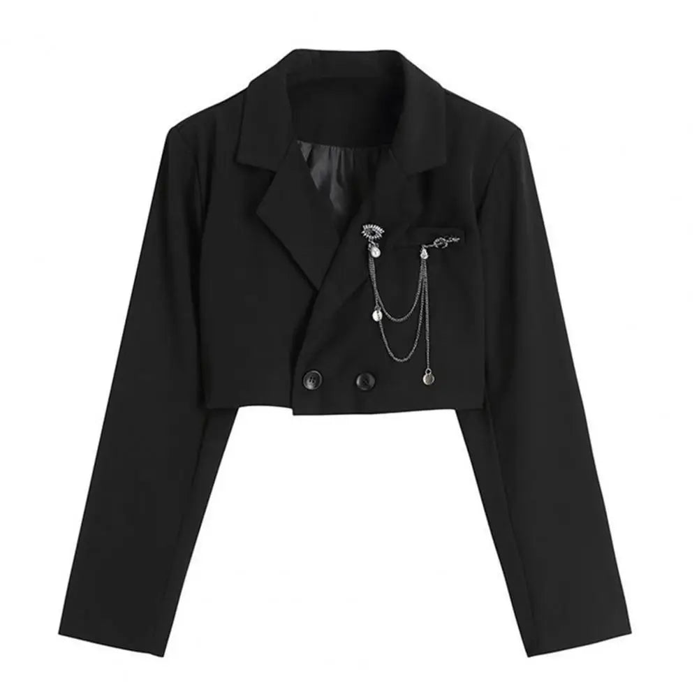 Women Lightweight Coat Elegant Double-breasted Women's Suit Coat with Chain Decor Notch Collar Formal Business Style for Ladies