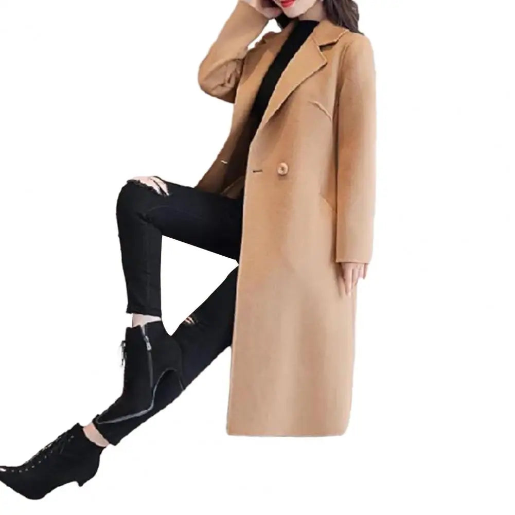 Women Woolen Coat Elegant Lapel Woolen Coat with Two Buttons Pockets for Women Stylish Mid-length Cardigan Outwear for Autumn