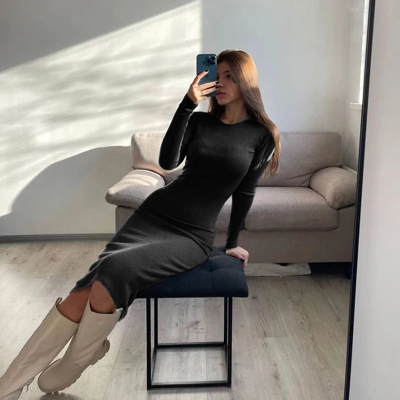 Autumn Winter Women's Dresses New Fashion Casual Slim O-Neck Long Sleeves Elegant Maxi Dresses Sexy Black Female Knitted Dress