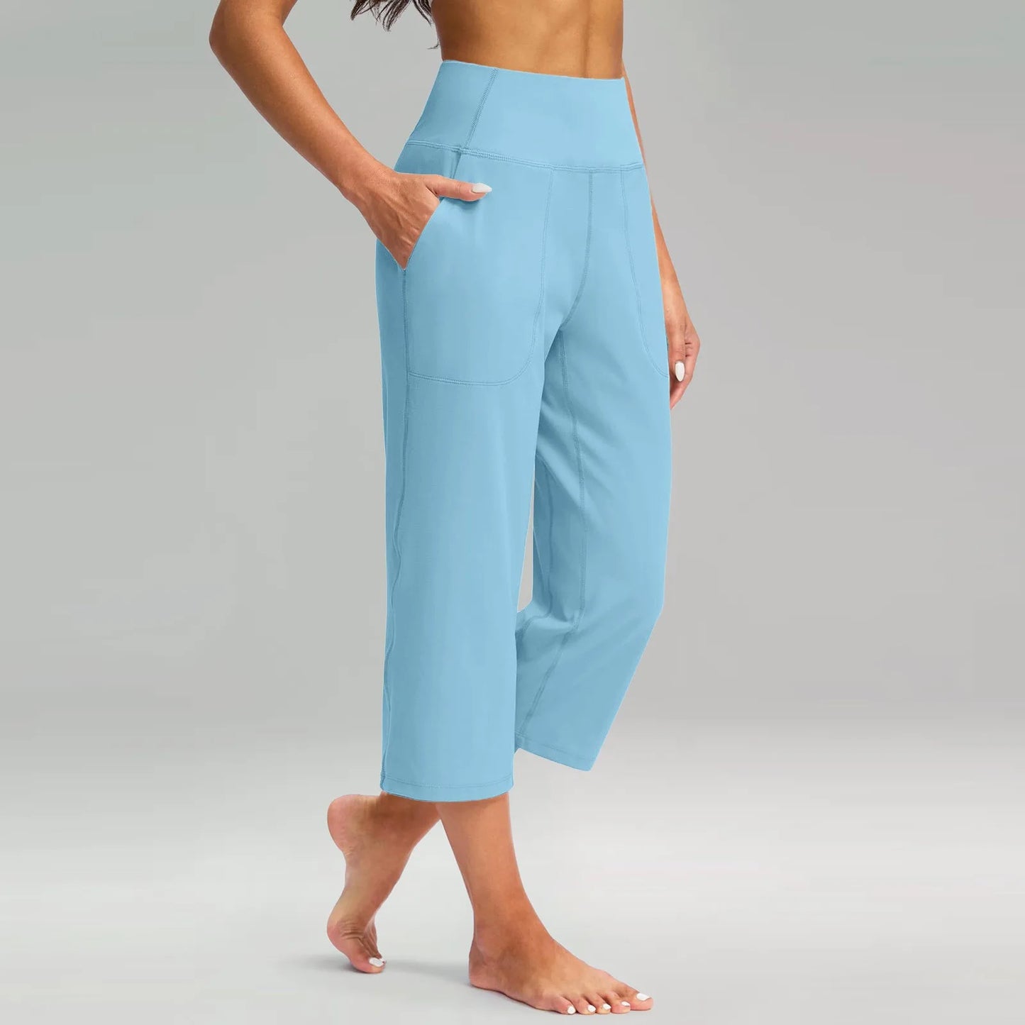Casual straight sweatpants for women Elastic High Waist 3/4 Pants Sports Capris Leg Pants With Pockets Comfortable Trousers