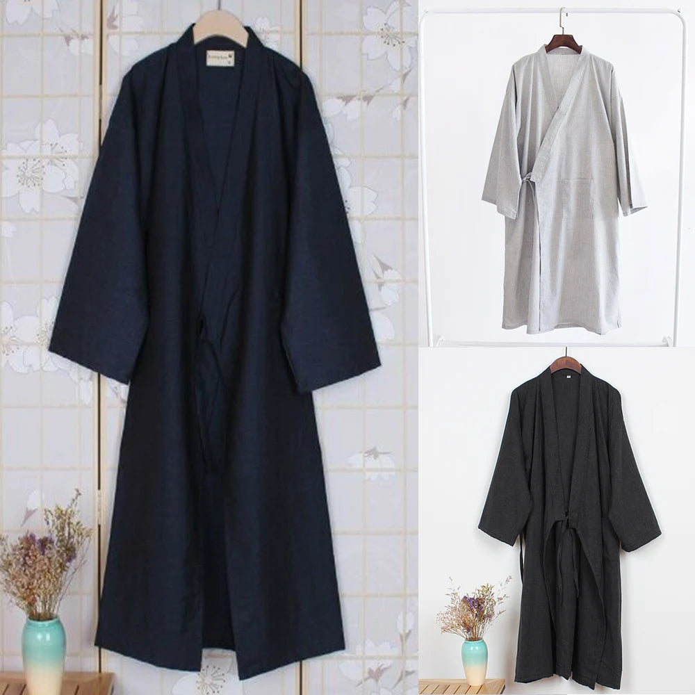 Fashion Japanese Style Kimono Robe Solid Color Lace Up Long Bathrobe Pajamas Belt Cotton Home Pijama Robes Clothing For Men