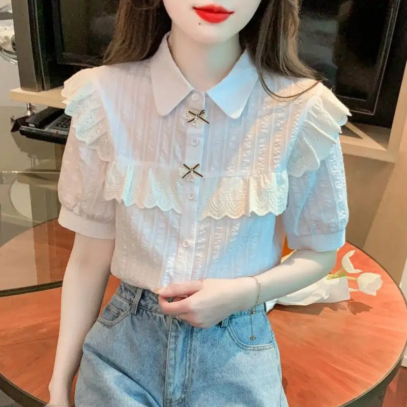 Summer Dress Women's Shirt T-Shirt New Women's Shirt Cotton Shirt Women's Foreign Design Sense Niche Short Sleeve Lace Top