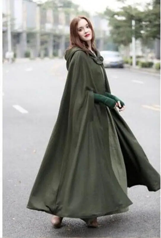 Women Long Cape Cloak Stylish Hooded Wool Blend Cloak Coat Ladies Autumn Hoodies Poncho Warm Cosplay Jackets Outwear Windbreaker