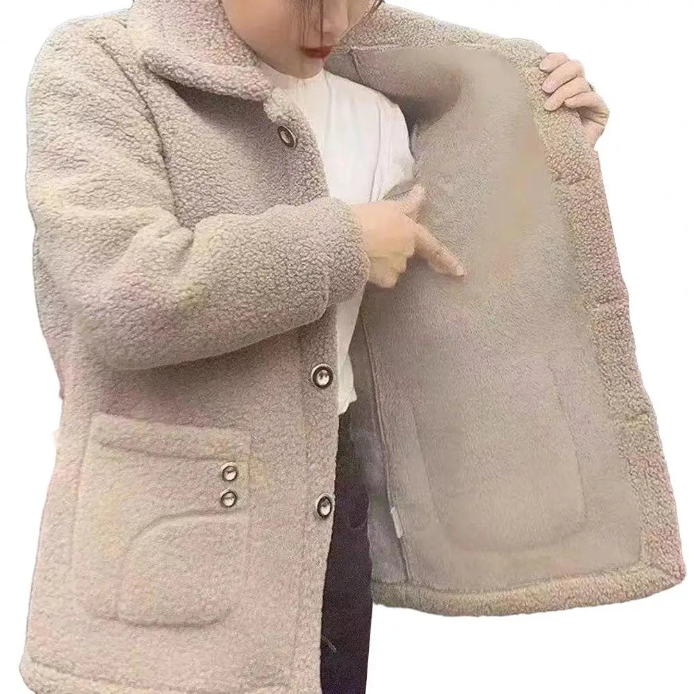 Women Jacket Coat Stylish Women's Lapel Jacket Coat with Imitation Lamb Wool Long Sleeve Thickened Outwear for Autumn Winter
