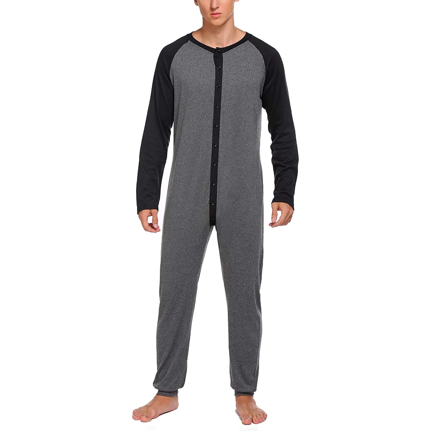 Men s Button Down s Pajama Long Sleeve Round Neck Color Block Jumpsuit Nightwear For Adults