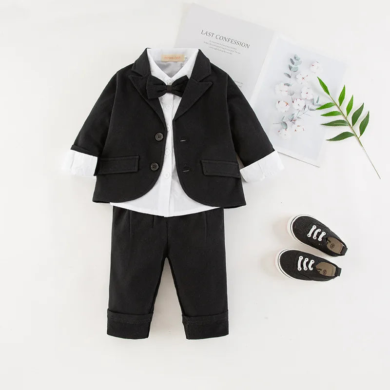 Baby Boys Clothes Suits Infant Gentleman Outfit 3pcs Sets Collared Dress Bow Tie Shirt+Coat+Pants For Toddlers Formal Party Clot