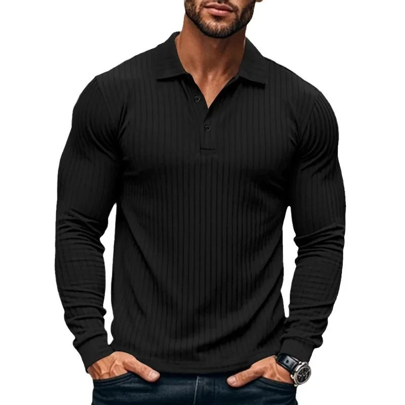 Business Striped Polo Shirt Men 2025 Autumn Men's American Lapel Tops Button-up Long-sleeve T-shirt Elastic Stripe Polo Shirts