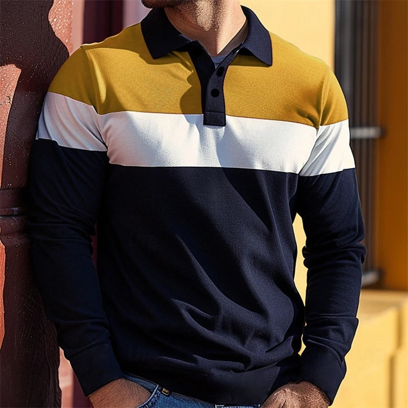 Simple Stripe Pattern Polo Shirt Fashion Casual Mens 3D Printed Long Sleeve Polo T Shirts Loose Spring Autumn Streetwear Tops