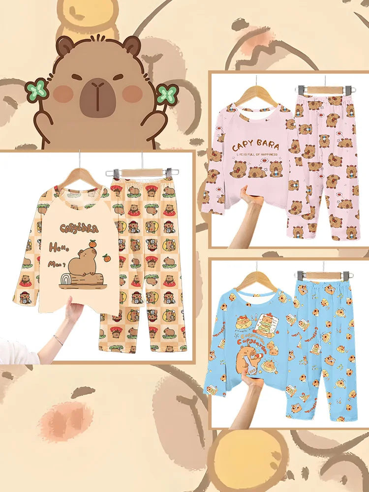 Capibara Kids Pajama Sets Long Sleeve Loungewear with Cute Animal Print Soft Sleepwear for Boys/Girls Cartoon Sleep Pants Outfit