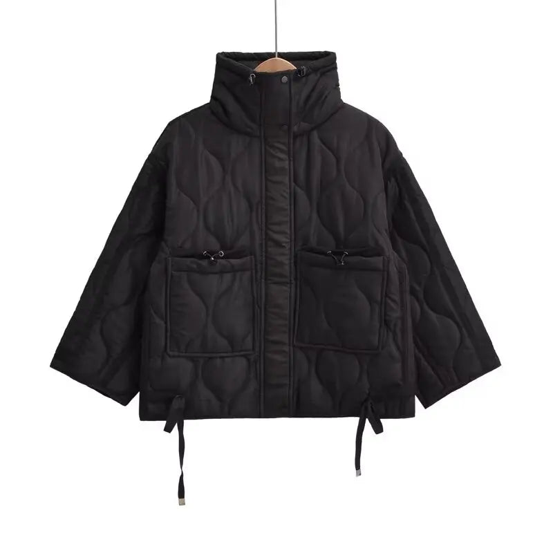 Quilted coat for women ETJ 2024traf QUILTED JACKET WITH TIES new beige drawstring high neck pocket clip cotton jacket for women