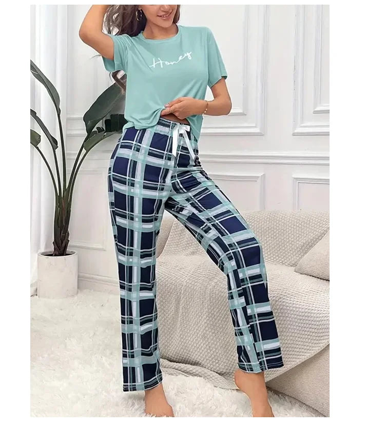 Women's Pajama Pj Set Letter Print Short Sleeve Top & Plaid Print Pants with Bow Details Casual Sleepwear for Adults All Seasons