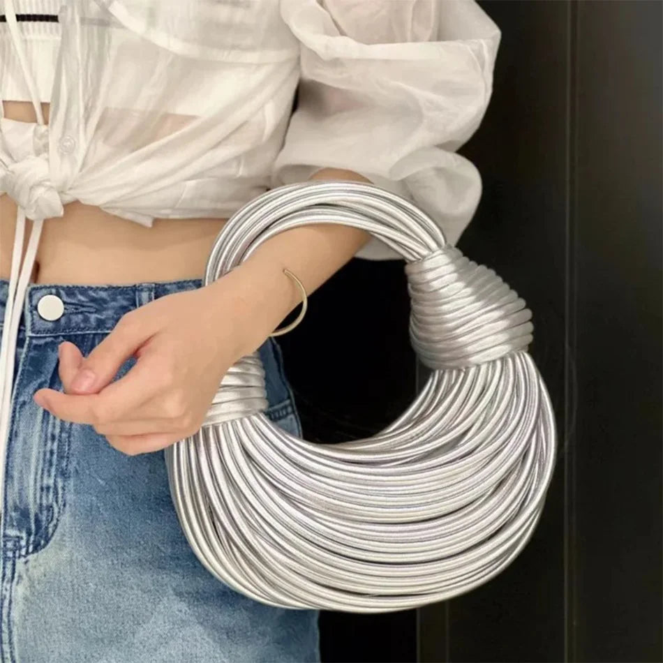 Handbags for Women Gold Luxury Designer Brand Handwoven Noodle Bags Rope Knotted Pulled Hobo Silver Evening Clutch Chic