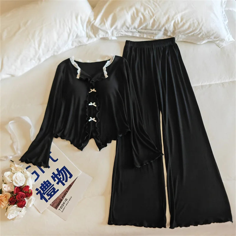 Pijama Feminina New Modal Chest Pad Set 2 Piece Woman Long Sleeve Pajama Sets Casual Korean Sleepwear Pyjamas Femme Home Wear
