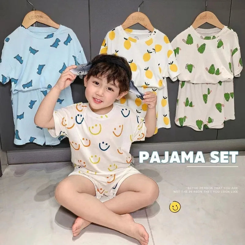 Summer Home Clothes Air-conditioned Clothes Boys and Girls Ice Silk Fabric Loose Short Sleeved Shorts Two-piece Set of Pajamas