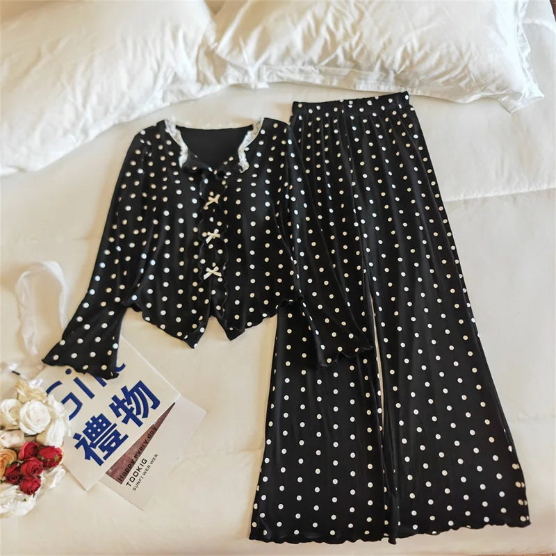 Pijama Feminina New Modal Chest Pad Set 2 Piece Woman Long Sleeve Pajama Sets Casual Korean Sleepwear Pyjamas Femme Home Wear