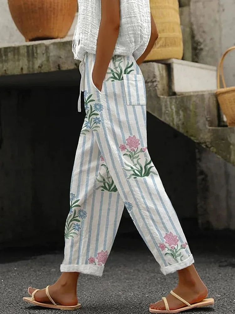 Women Pants New Summer Autumn Boho Style Sleepwear Wide Leg Pants High Waist Casual Female Calf-Length Clothes Loose Trousers