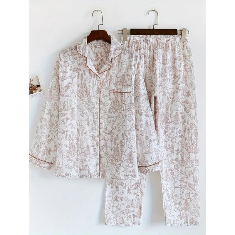 Womens Pajama Set 100 Cotton Gauze Sleepwear Long Sleeve Loose Fit Two Piece Set Comfortable Breathable Nightwear Loungewear