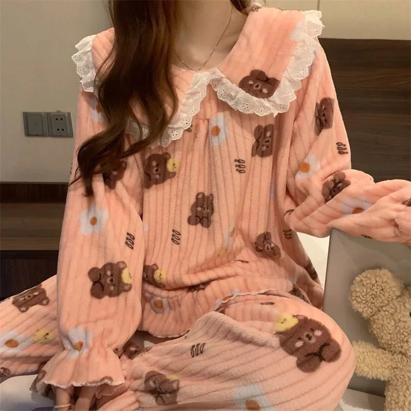 Cartoon Pajama Sets Women Pyjamas Warm Flannel Sleepwear Girl Pijama Set Suit Pant Home Korean Peach Sleep Lace Sleepwear