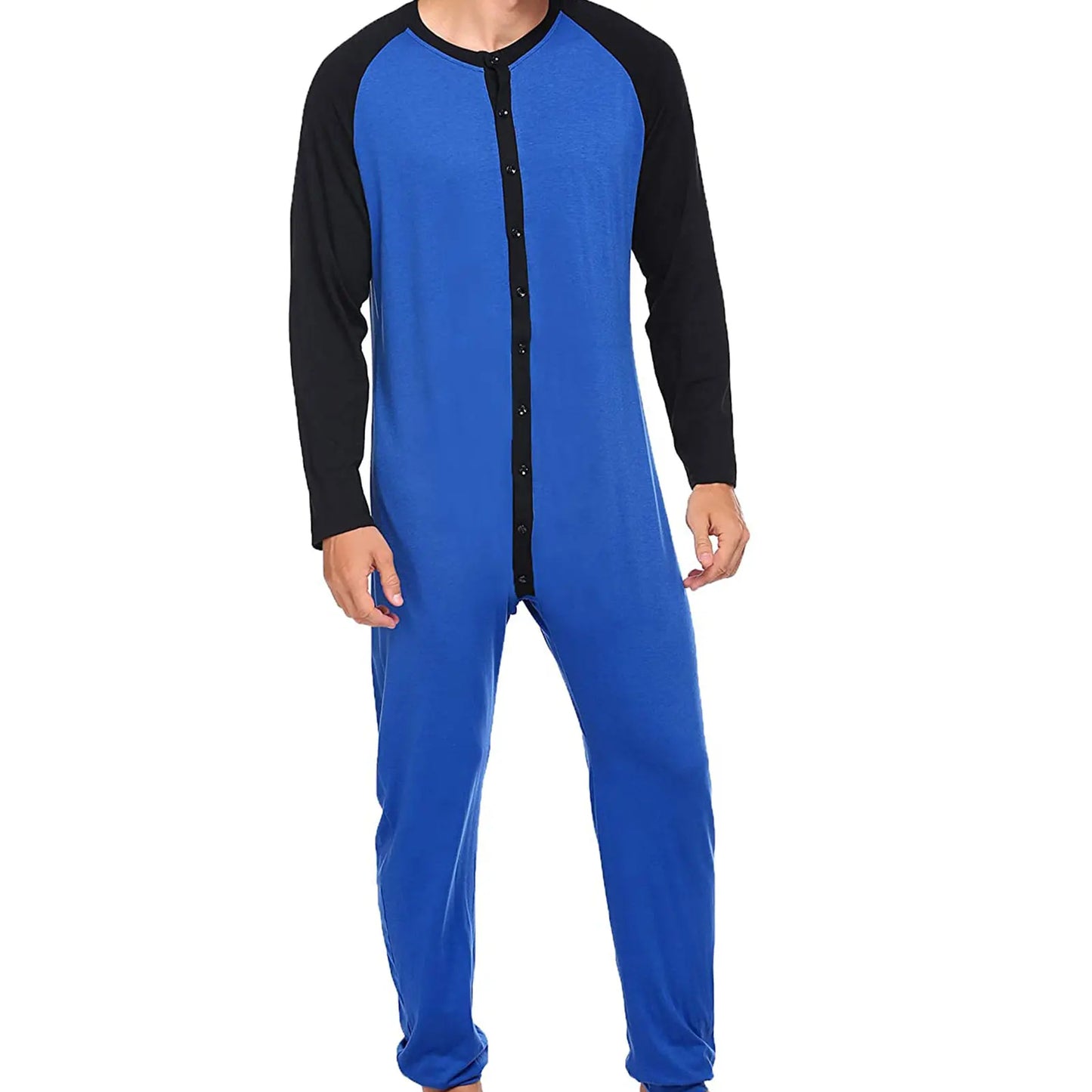 Men s Button Down s Pajama Long Sleeve Round Neck Color Block Jumpsuit Nightwear For Adults