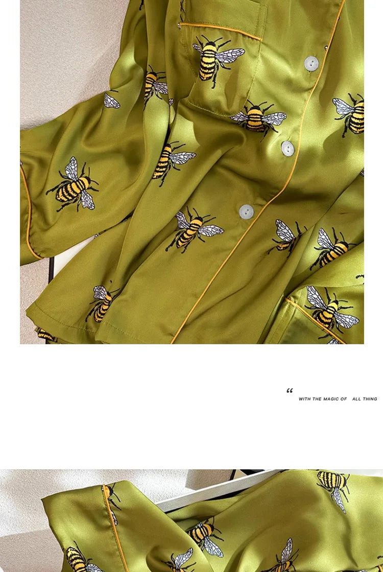 Women's 2PCS Pajama Set Pocket Silk Satin Sleepwear Spring Autumn fashion Print Pyjama Long Sleeve Pijama Mujer Pjs Homewear