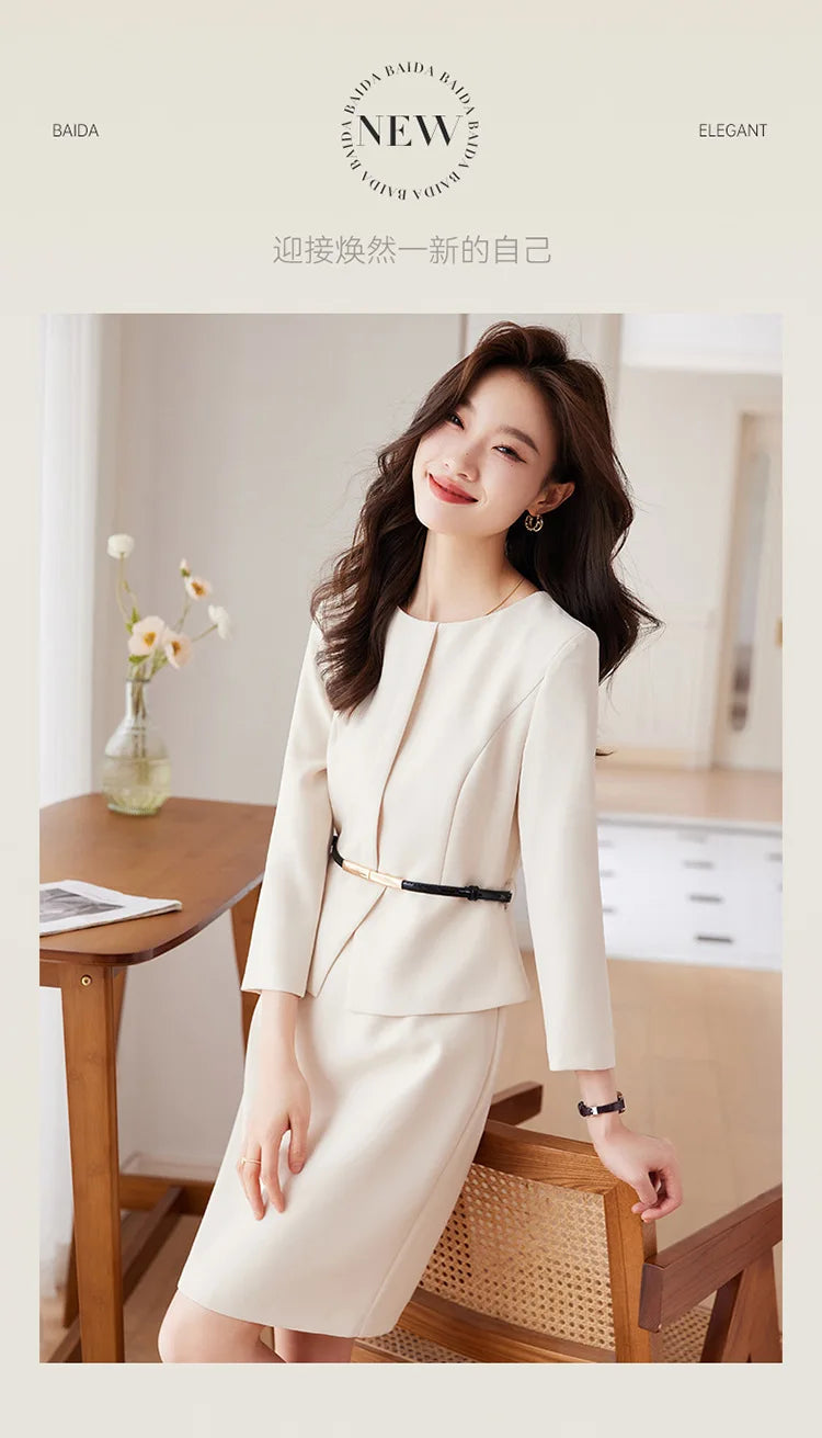 Women's Professional Dresses Suits, Women's Slim Temperament, Hip Dress Skirts, Hosts, Hotel Office Lady Overalls with Belt