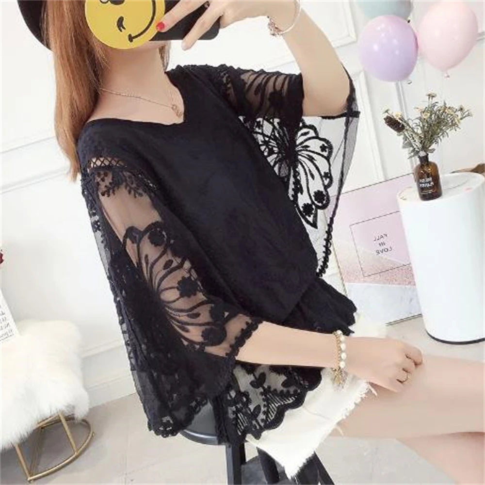 Fashion Women Blouses Spring New Chiffon Blouse Cotton Edge Lace Blouses Shirt Butterfly Flower Women Shirt Tops Blusas Hedging