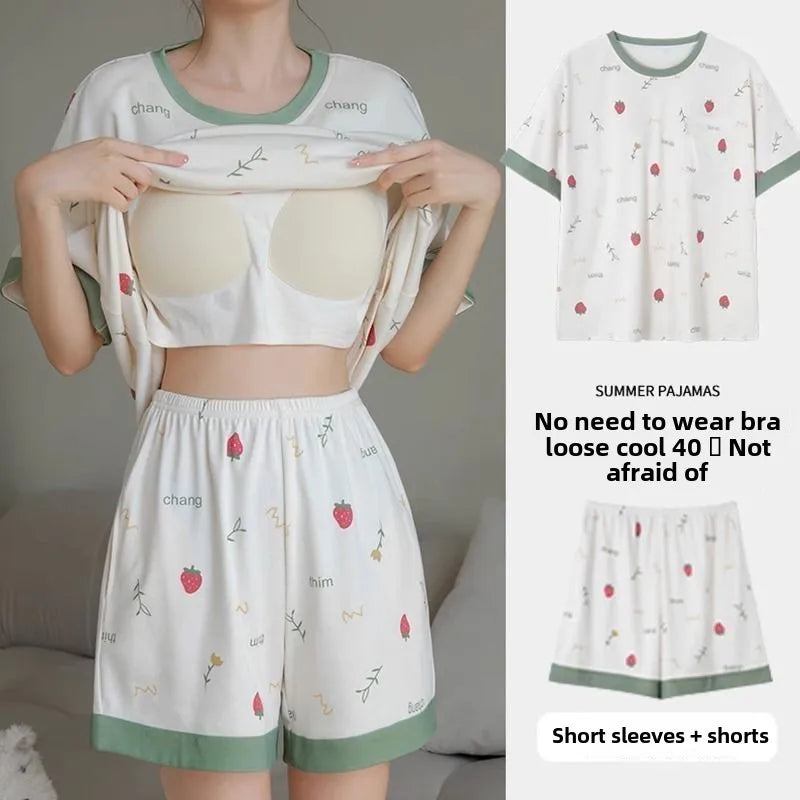 Pijama Set Women Short Sleeve Pullover Sweet with Chest Pads Cartoon Student Casual Home Plus Size Ladies Romantic Sleepwear
