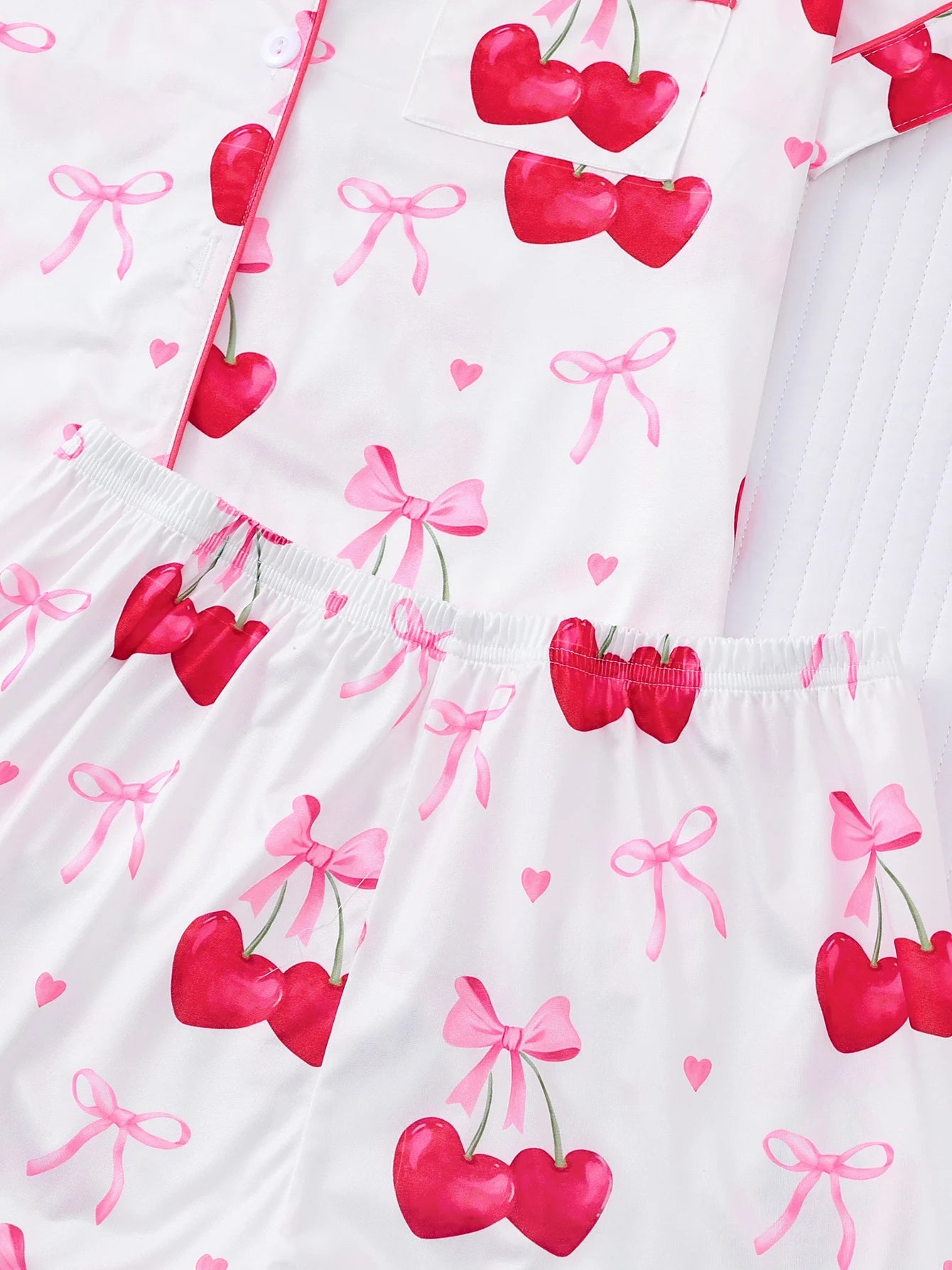 Women's 2-Piece Elegant Cherry Bow Print Pajama Set Short Sleeve Button Shirt Stretchy Shorts Party Sleepwear Loungewear
