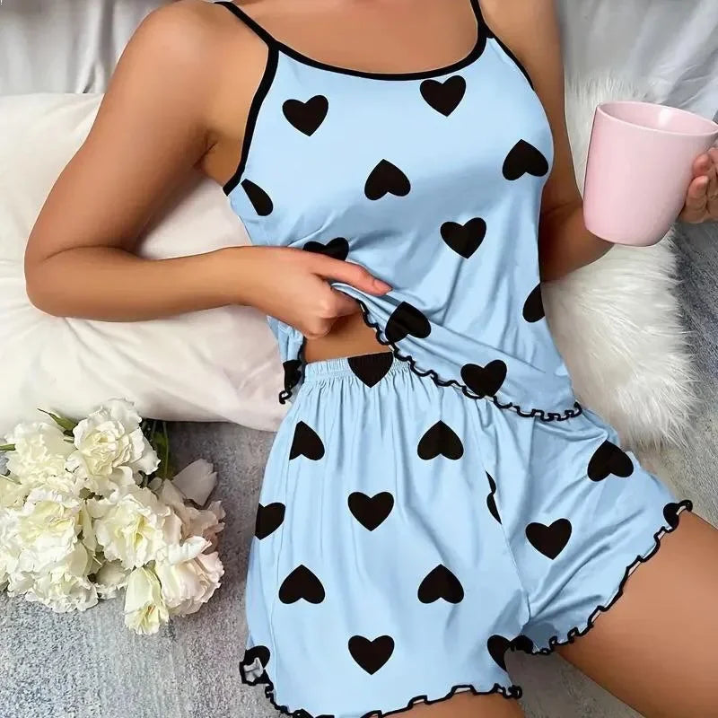 Summer New Women's Pajama Set Breathable Soft Casual Love Printed Design Sweet Home Strap Shorts Pajamas