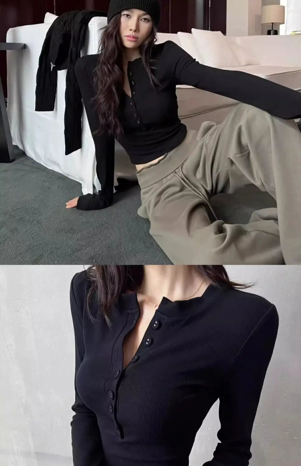 Polo Neck T Shirt for Women Sexy Crop Top Button Long Sleeve Woman Tshirt Slim Black Youthful Elegant Synthetic Aesthetic Luxury