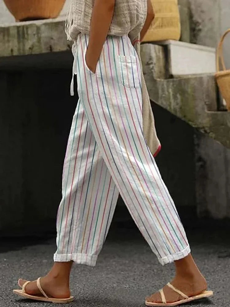 Women Pants New Summer Autumn Boho Style Sleepwear Wide Leg Pants High Waist Casual Female Calf-Length Clothes Loose Trousers