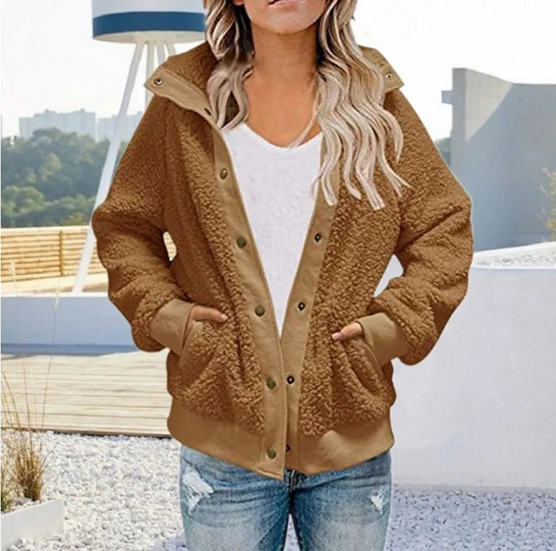 Women Winter Coat Solid Color Long Sleeves Zipper Cardigan Loose Warm Furry Plush Plus Size Lady Coat Winter Clothes
