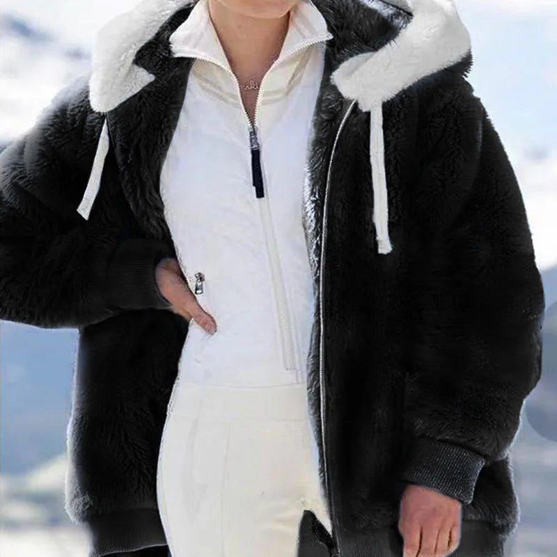 Autumn Winter Fashion Women's Coat New Casual Hooded Zipper Ladies Clothes Cashmere Women Fleece Jacket Solid Color Ladies Coats