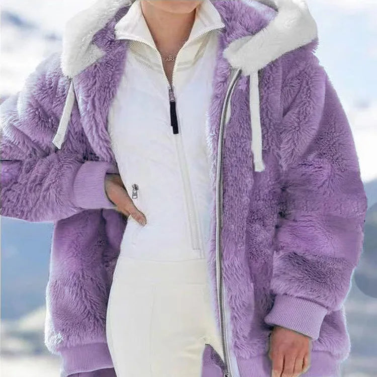 Autumn Winter Fashion Women's Coat New Casual Hooded Zipper Ladies Clothes Cashmere Women Fleece Jacket Solid Color Ladies Coats