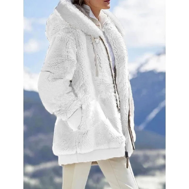 Autumn Winter Fashion Women's Coat New Casual Hooded Zipper Ladies Clothes Cashmere Women Fleece Jacket Solid Color Ladies Coats
